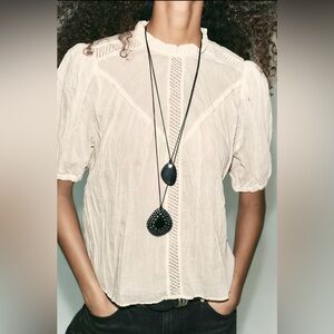 Zara Rustic Lace Insert Blouse in Ecru